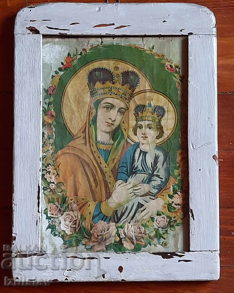 Veche icoană de casă a Maicii Domnului, cromolitografie Veche icoană de casă a Maicii Domnului, cromolitografie
