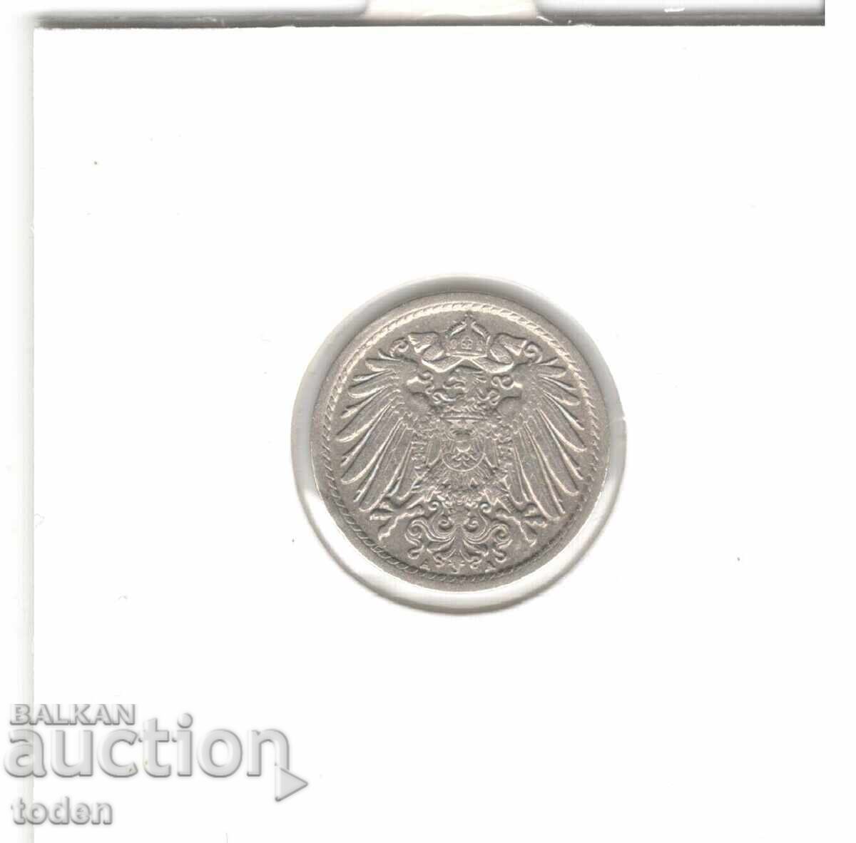 Livrarea Germania - 5 Pfennig - 1907 A - KM# 11 - Wilhelm II - t. 2 - scut mic