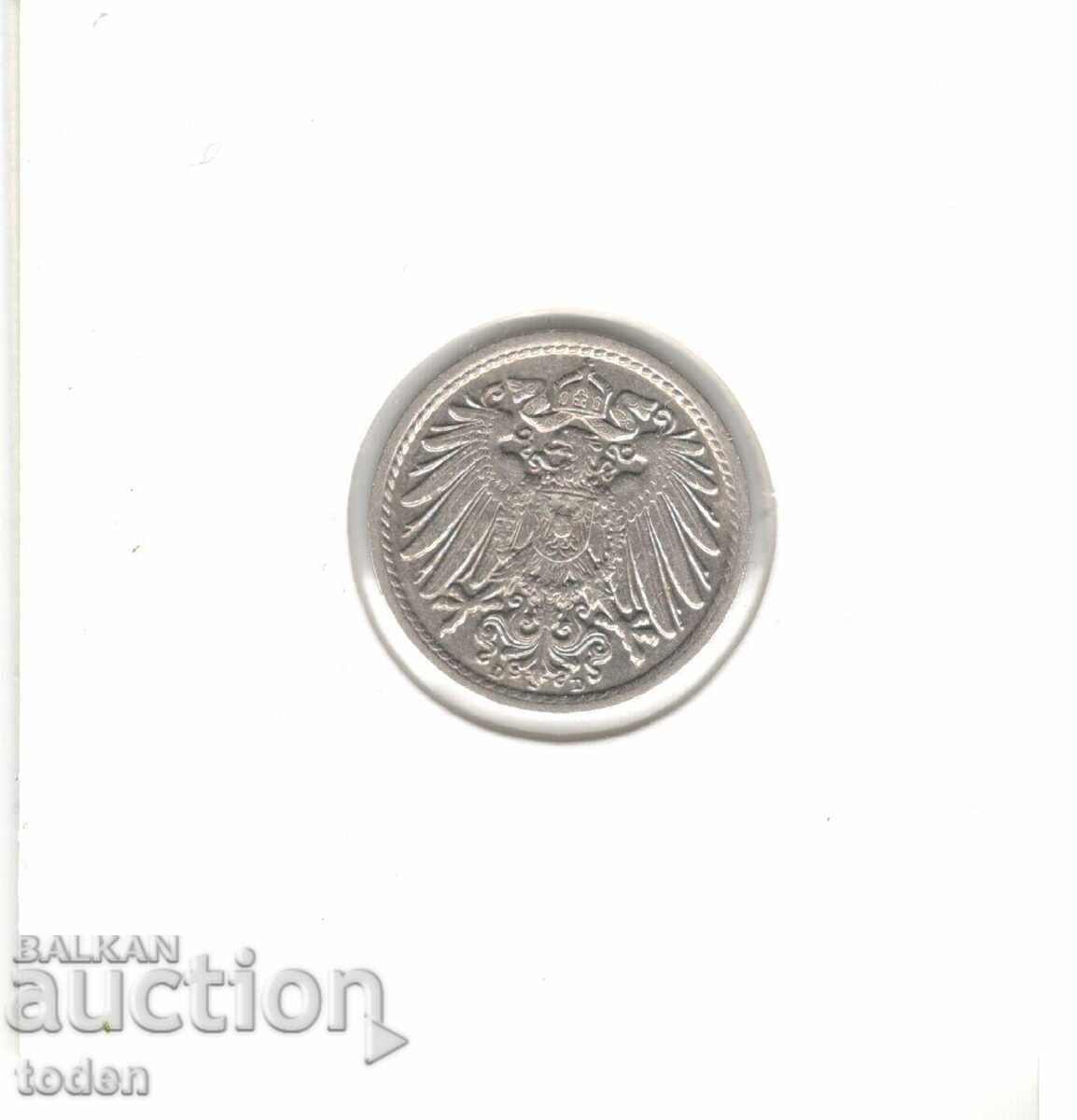 Livrarea Germania - 5 Pfennig - 1914 D - KM# 11 - Wilhelm II - t. 2 - scut mic