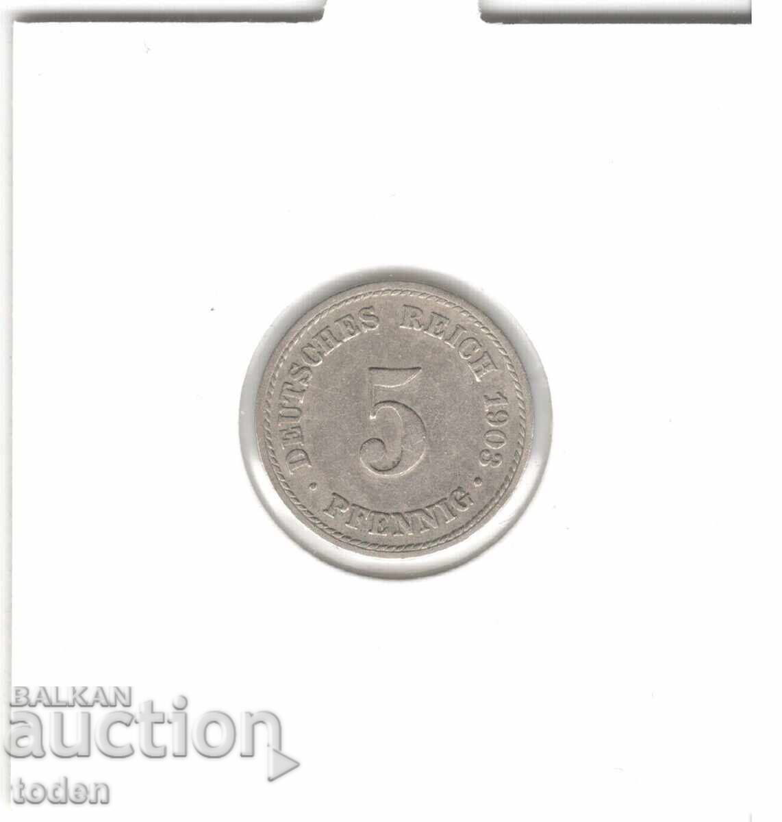 Auction  Germany 5 Pfennig 1903 Fine - KM# 11 - Wilhelm II - Type 2 - Small Shield