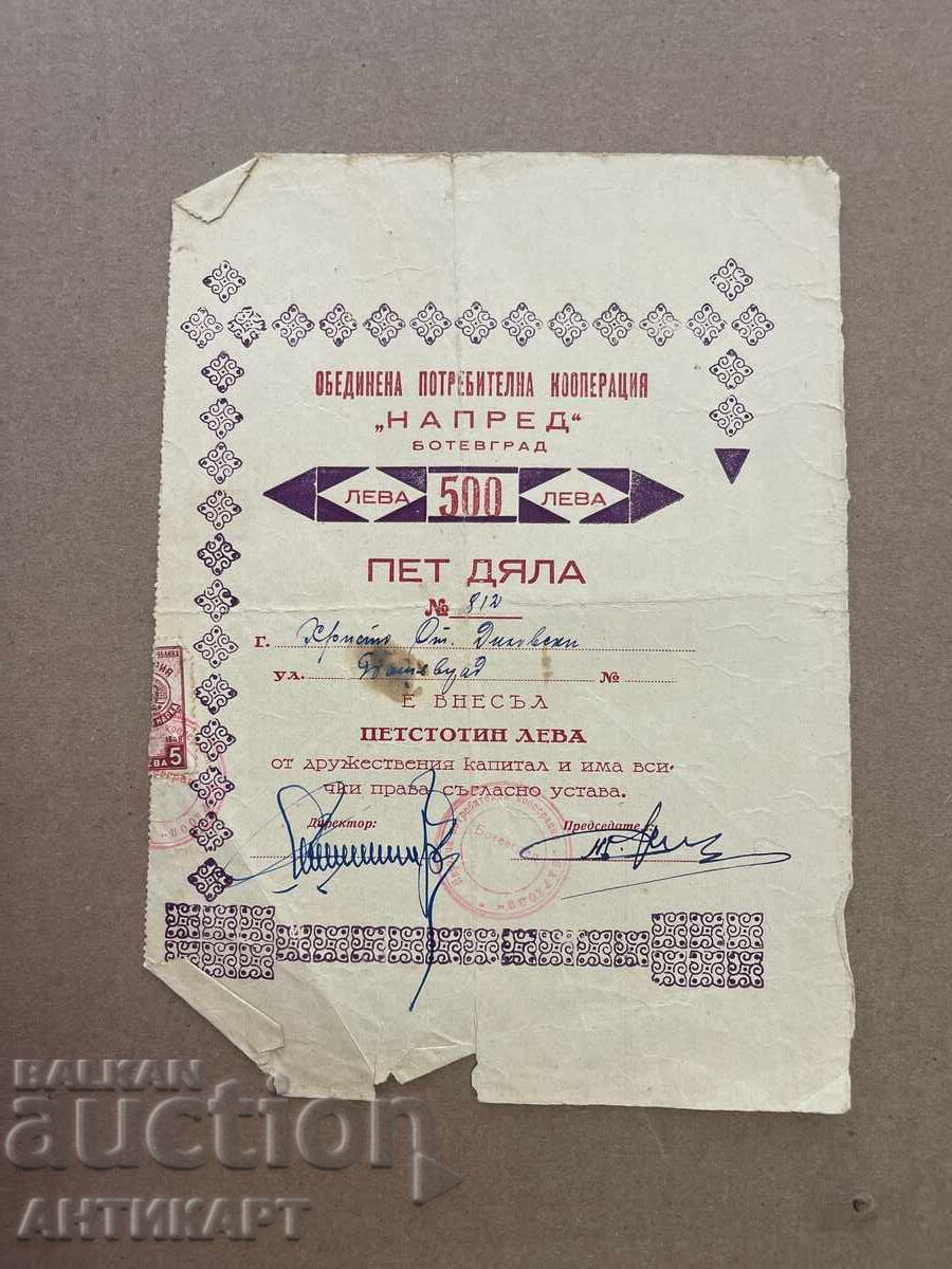 акция Потребителна кооперация Напред Ботевград 500 лева акция Потребителна кооперация Напред Ботевград 500 лева