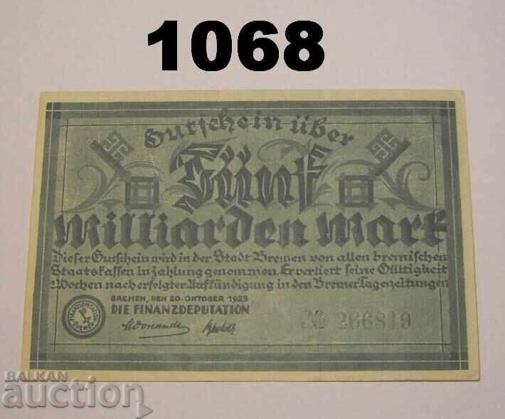 Βρέμη 5 δισεκατομμύρια μάρκα 1923 Γερμανία με τιμή 16.00 BGN | € 8.18