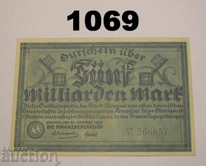 Βρέμη 5 δισεκατομμύρια μάρκα 1923 Γερμανία με τιμή 18.00 BGN | € 9.20