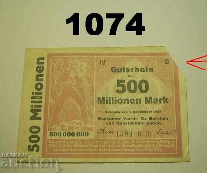 Σημείωση Bochum 500 εκατομμύρια μάρκα 1923 Γερμανία