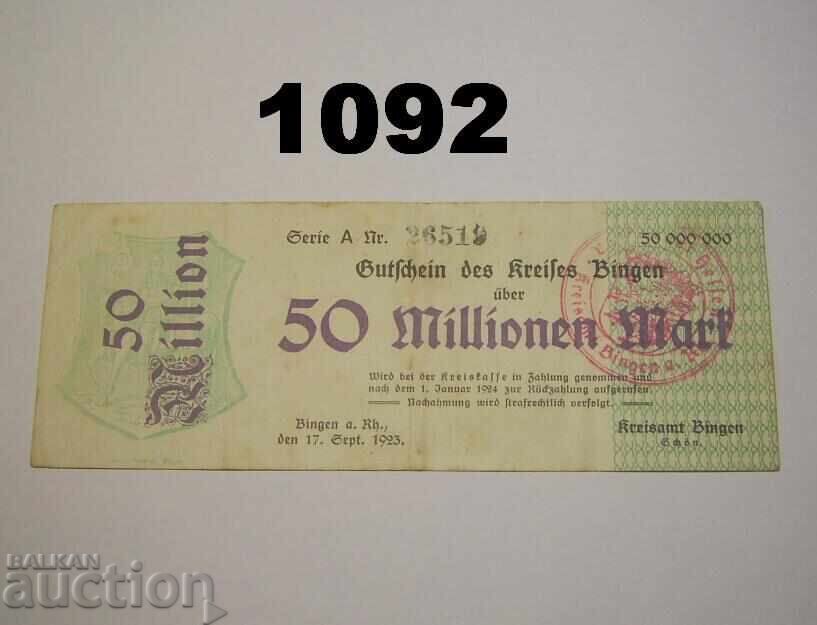 Bingen Kreisamt 50 εκατομμύρια μάρκα 1923 Γερμανία