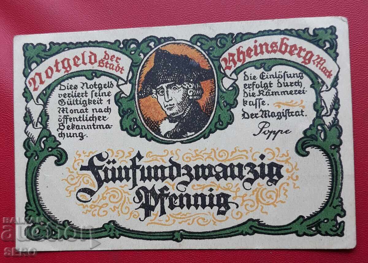 Банкнота-Германия-Бранденбург-Райнсберг-25 пфенига с цена 2.00 лв. | € 1.02