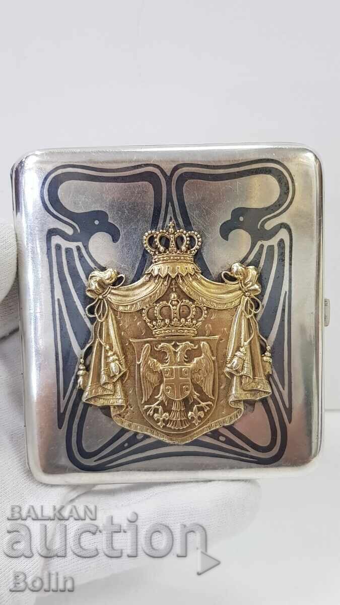 Rară tabacheră de argint cu email nielo și stemă Regatul Serbiei