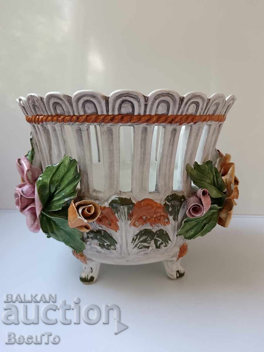Openwork ceramic cachepot, Bassano, marking, relief roses with price 50.00 BGN | € 25.56 Openwork ceramic cachepot, Bassano, marking, relief roses with price 50.00 BGN | € 25.56