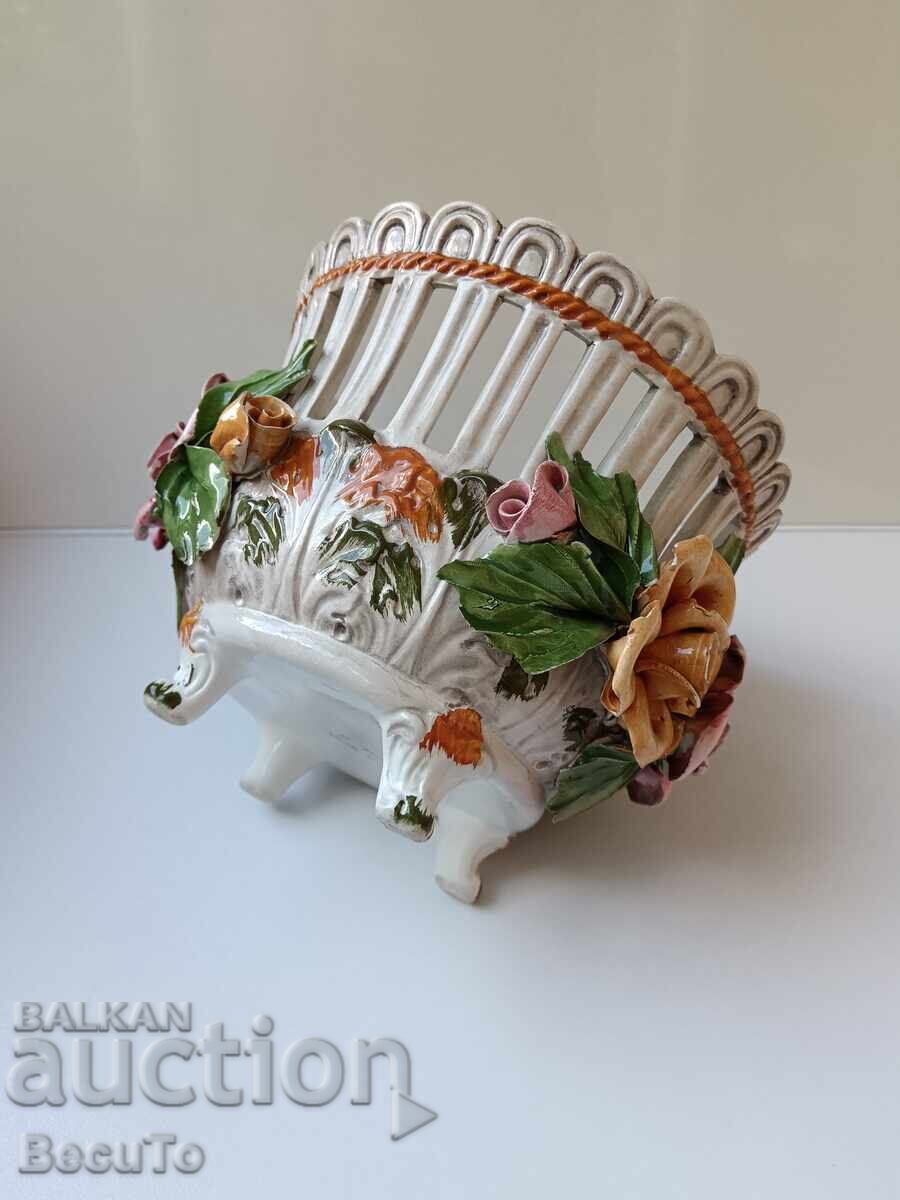 Auction Openwork ceramic cachepot, Bassano, marking, relief roses Auction Openwork ceramic cachepot, Bassano, marking, relief roses