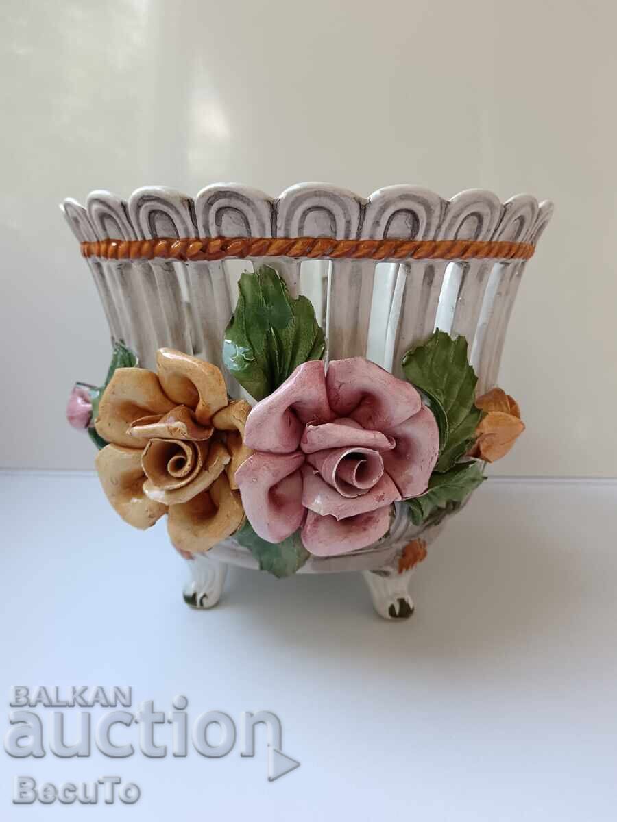 Openwork ceramic cachepot, Bassano, marking, relief roses Openwork ceramic cachepot, Bassano, marking, relief roses