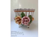 Openwork ceramic cachepot, Bassano, marking, relief roses