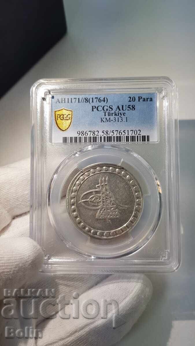 AU 58 Monedă rară de argint turcească, otomană 20 para 1764 - 6 AU 58 Monedă rară de argint turcească, otomană 20 para 1764 - 6