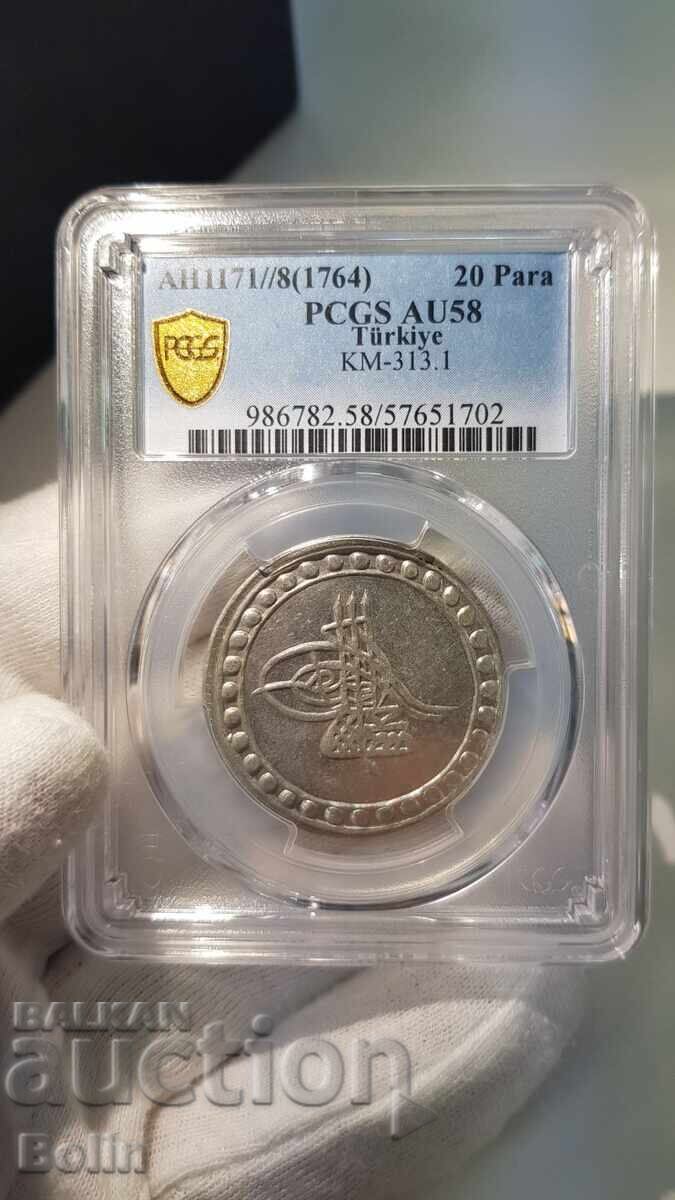 AU 58 Monedă rară de argint turcească, otomană 20 para 1764 - 7