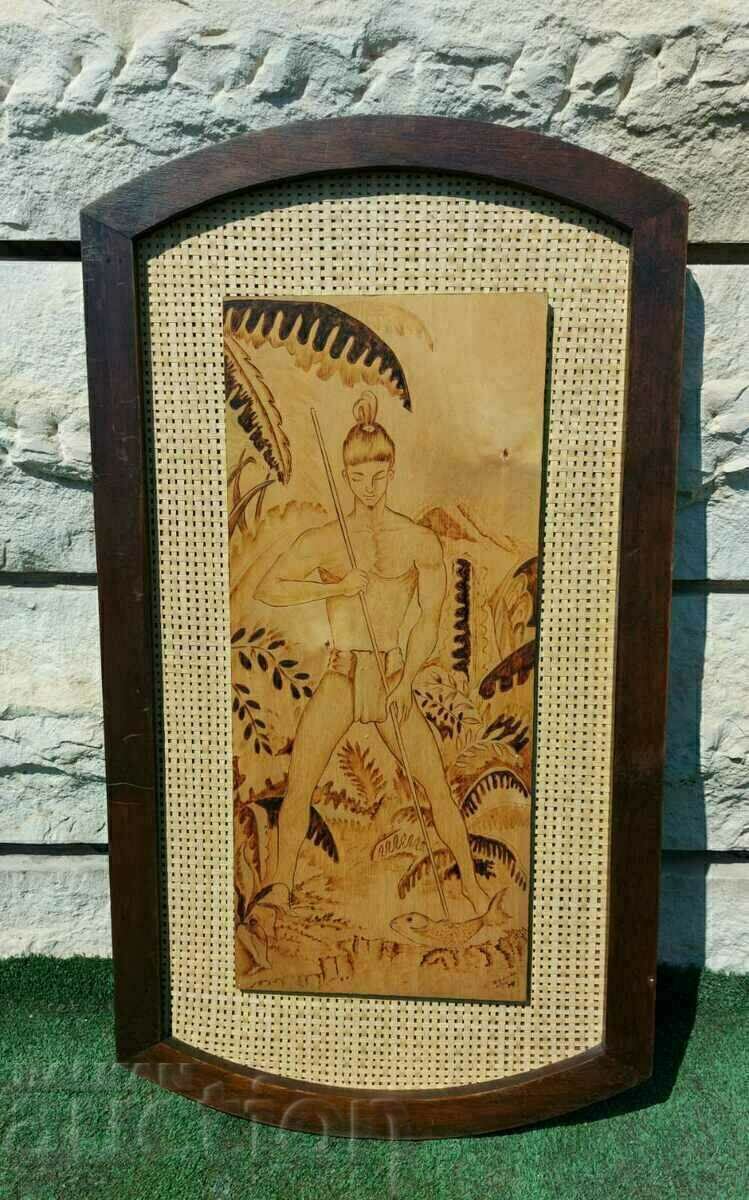 .1974 PICTURA INDIENĂ RARĂ AUTENTICA PIROGRAFĂ PE PANEL cu preț € 35.00 | 68.45 BGN