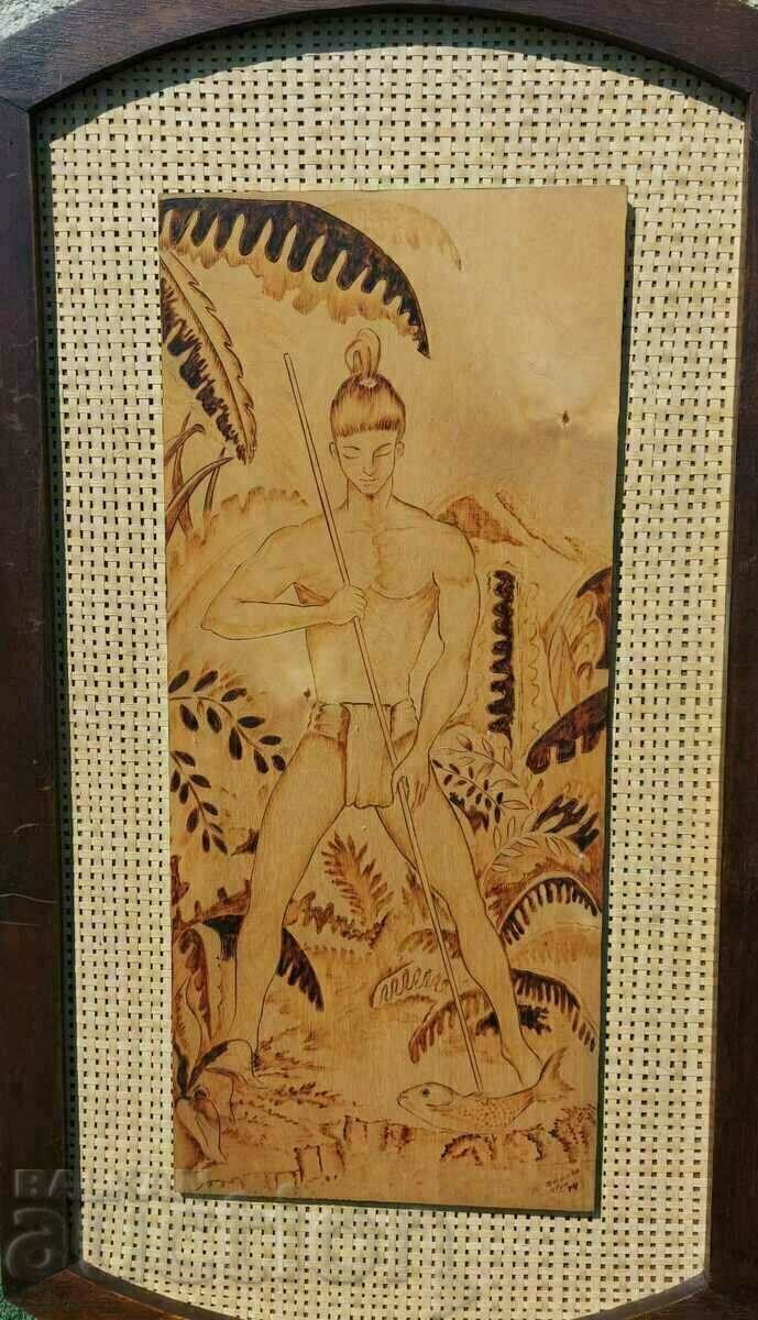 Licitație .1974 PICTURA INDIENĂ RARĂ AUTENTICA PIROGRAFĂ PE PANEL