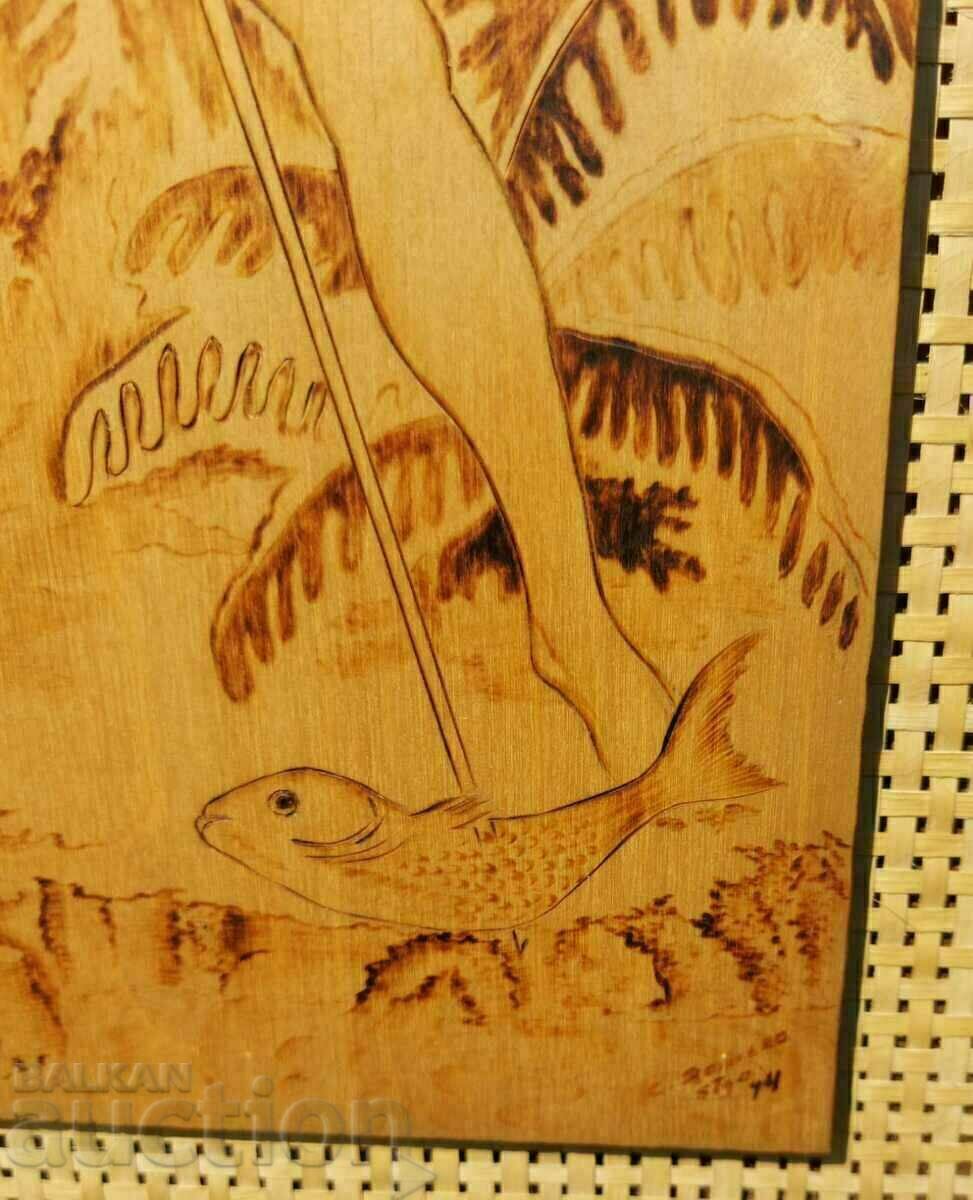Livrarea .1974 PICTURA INDIENĂ RARĂ AUTENTICA PIROGRAFĂ PE PANEL