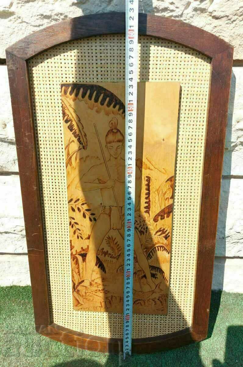 .1974 PICTURA INDIENĂ RARĂ AUTENTICA PIROGRAFĂ PE PANEL - 5