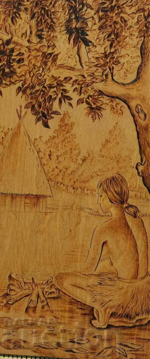 Licitație .1974 PICTURA INDIENĂ RARĂ AUTENTICA PIROGRAFĂ PE PANEL