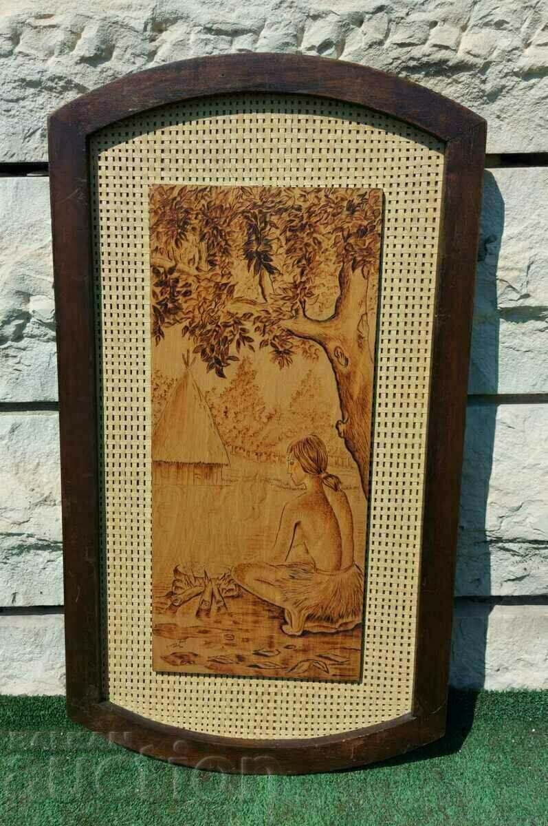 .1974 PICTURA INDIENĂ RARĂ AUTENTICA PIROGRAFĂ PE PANEL