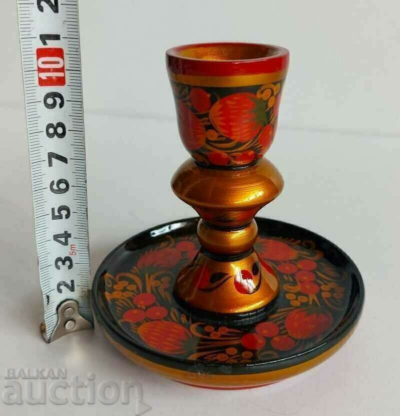 . SOCIET SOVIET PAINTED WOODEN CANDLESTICK KHOHLOMA DECORATION with price 15.00 BGN | € 7.67 . SOCIET SOVIET PAINTED WOODEN CANDLESTICK KHOHLOMA DECORATION with price 15.00 BGN | € 7.67