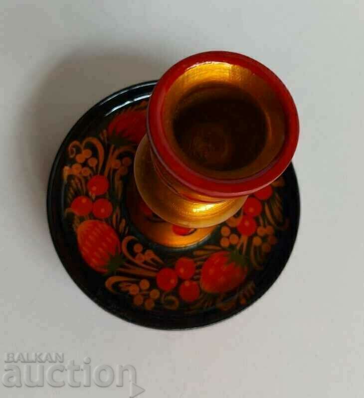 Auction . SOCIET SOVIET PAINTED WOODEN CANDLESTICK KHOHLOMA DECORATION Auction . SOCIET SOVIET PAINTED WOODEN CANDLESTICK KHOHLOMA DECORATION