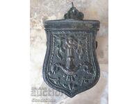 Mică, foarte veche, traistă franceză pentru praf de pușcă - cartușieră - fișecar 10cm