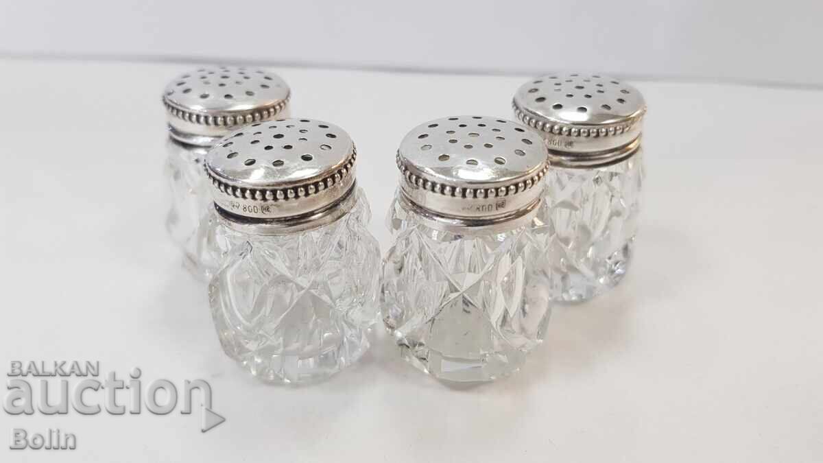 4 Crystal Salt Shakers with Silver Lids 800, Germany with price 180.00 BGN | € 92.03