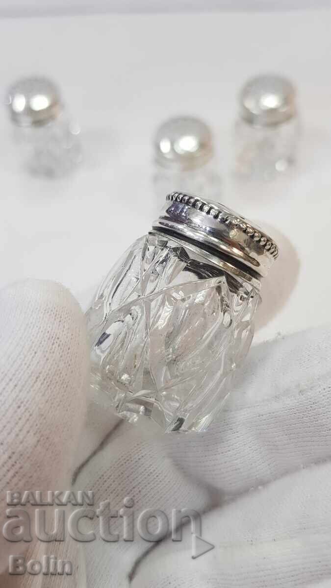 4 Crystal Salt Shakers with Silver Lids 800, Germany - 6