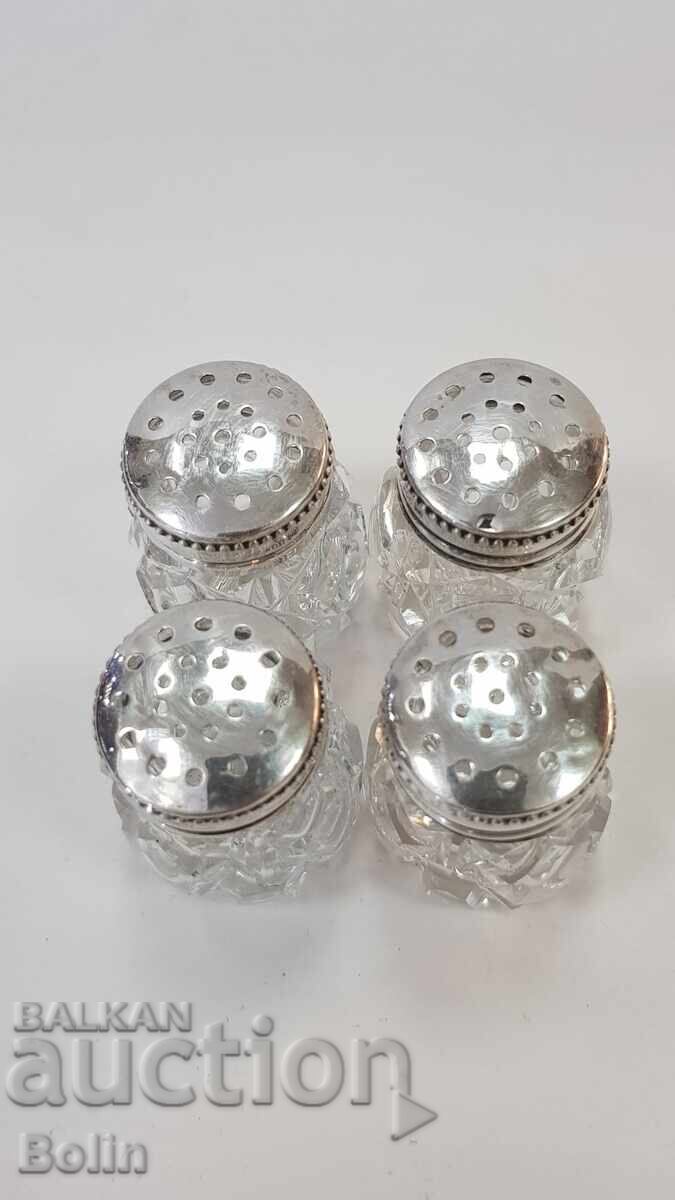 4 Crystal Salt Shakers with Silver Lids 800, Germany - 7