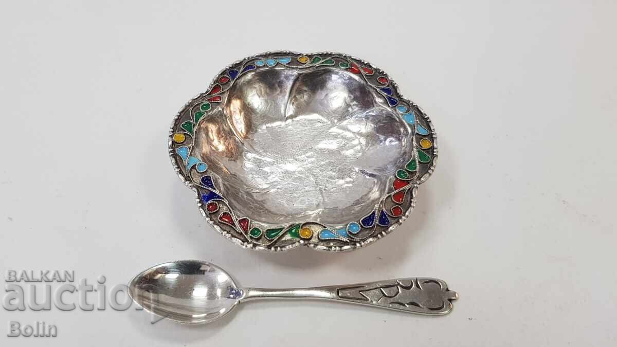 Σπάνια ασημένια αλατιέρα με κουταλάκι με σμάλτο - Ευρώπη με τιμή 230.00 BGN | € 117.60