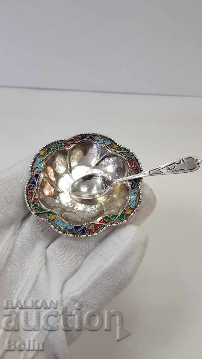 Δημοπρασία Σπάνια ασημένια αλατιέρα με κουταλάκι με σμάλτο - Ευρώπη