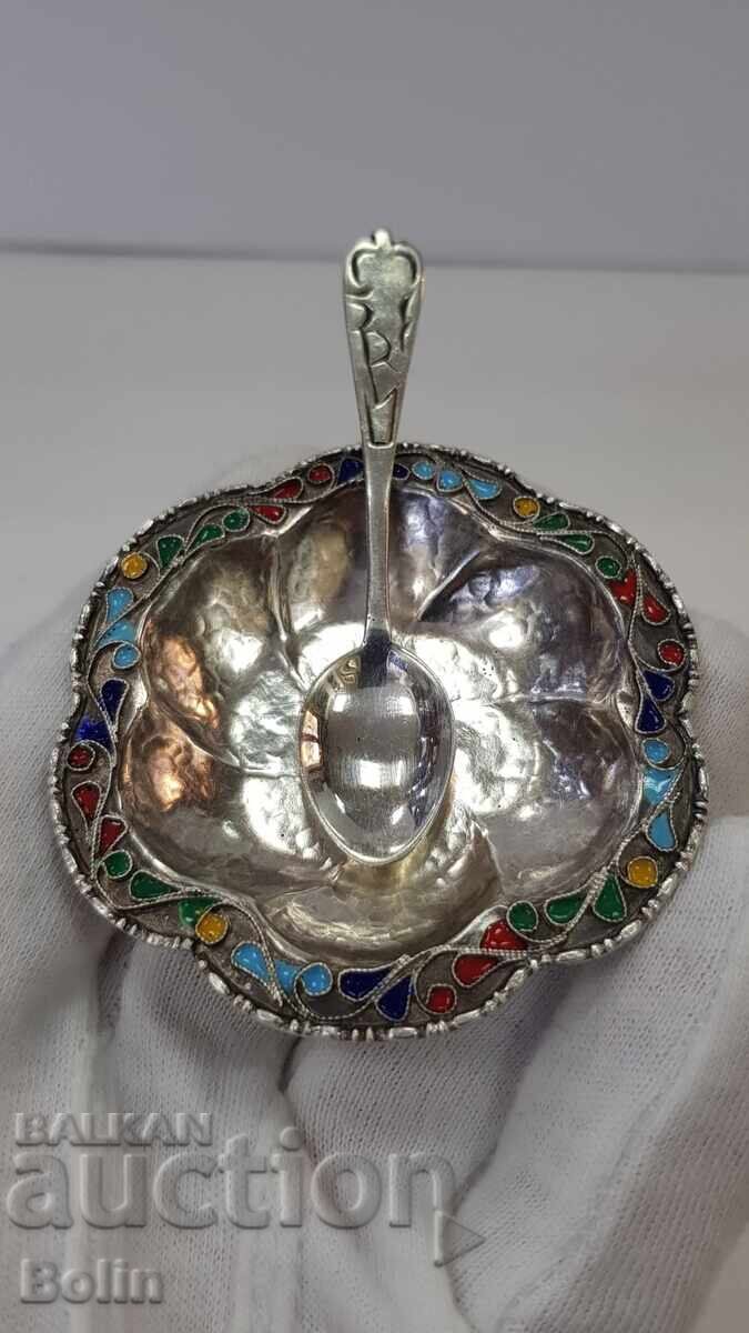 Σπάνια ασημένια αλατιέρα με κουταλάκι με σμάλτο - Ευρώπη