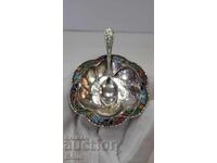 Σπάνια ασημένια αλατιέρα με κουταλάκι με σμάλτο - Ευρώπη