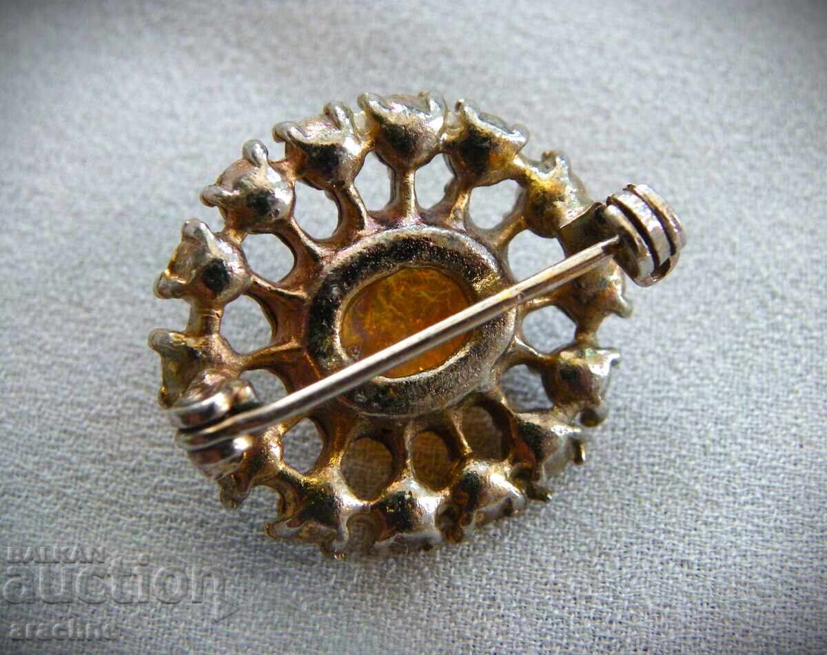 Παλιά χρυσή καρφίτσα με γυαλί οπάλ, Τσεχοσλοβακία - 5