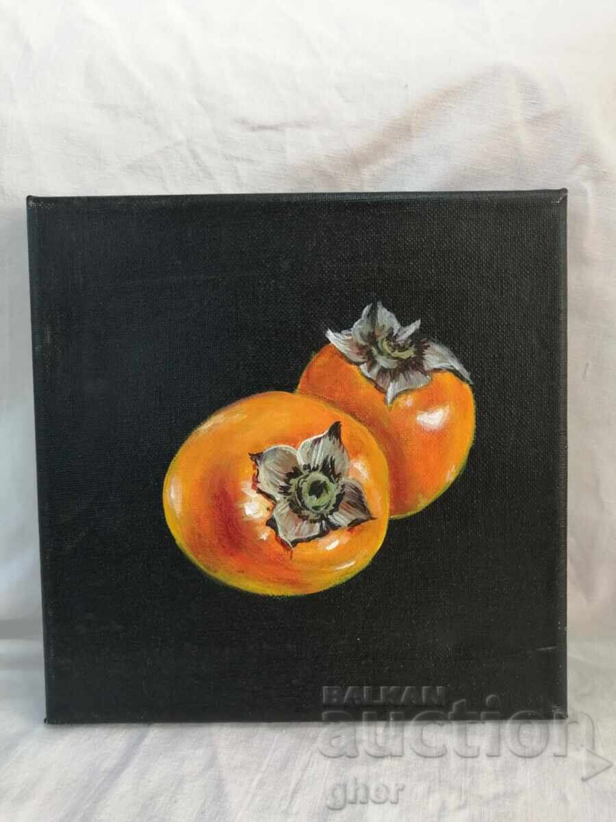 Delivery of "Paradise Silence" - still life with two persimmons on a black background Delivery of "Paradise Silence" - still life with two persimmons on a black background
