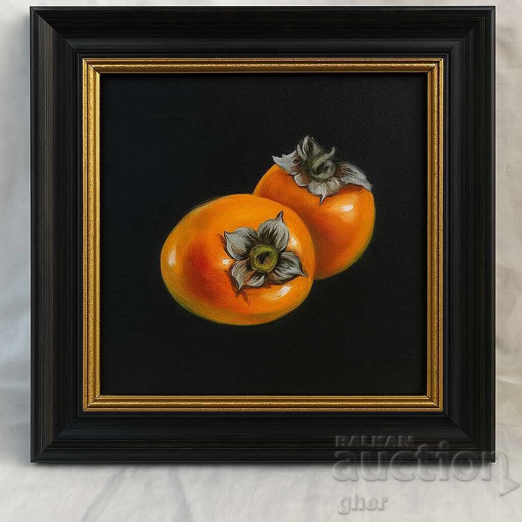 "Paradise Silence" - still life with two persimmons on a black background "Paradise Silence" - still life with two persimmons on a black background
