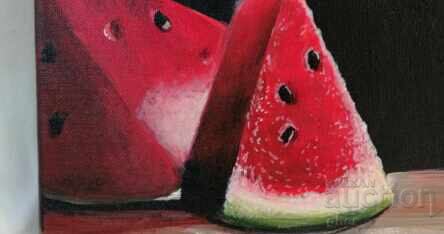 „Γλυκύτητα και σκιές“ – νεκρή φύση με φέτες καρπουζιού σε μαύρο φόντο με τιμή 60.00 BGN | € 30.68 „Γλυκύτητα και σκιές“ – νεκρή φύση με φέτες καρπουζιού σε μαύρο φόντο με τιμή 60.00 BGN | € 30.68