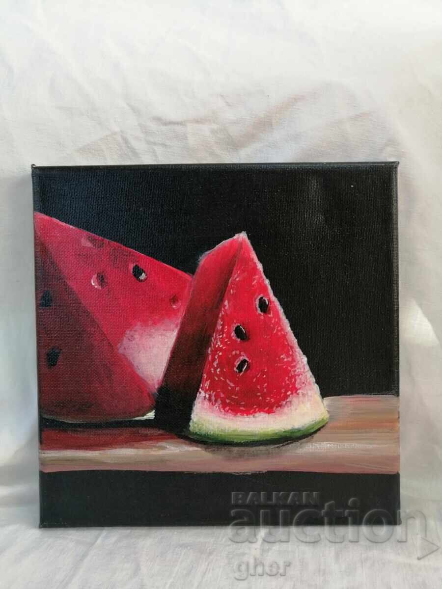 Δημοπρασία „Γλυκύτητα και σκιές“ – νεκρή φύση με φέτες καρπουζιού σε μαύρο φόντο Δημοπρασία „Γλυκύτητα και σκιές“ – νεκρή φύση με φέτες καρπουζιού σε μαύρο φόντο