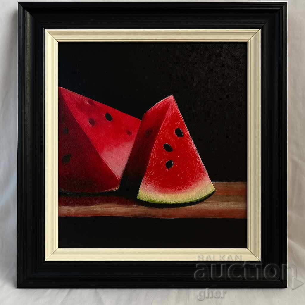 Παράδοση „Γλυκύτητα και σκιές“ – νεκρή φύση με φέτες καρπουζιού σε μαύρο φόντο Παράδοση „Γλυκύτητα και σκιές“ – νεκρή φύση με φέτες καρπουζιού σε μαύρο φόντο