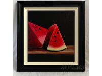 "Sweetness and Shadows" - still life with watermelon slices on a black background