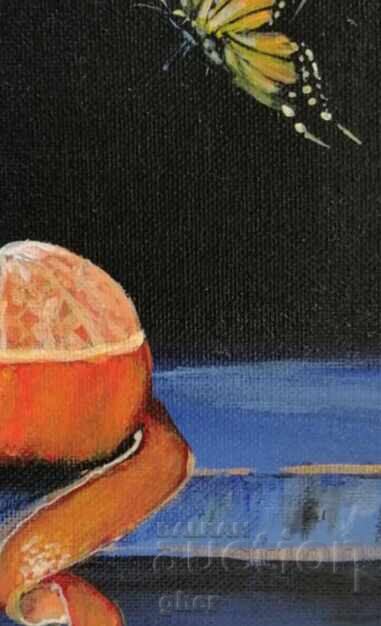 "Citrus Awakening" - still life with mandarin and butterflies with price 60.00 BGN | € 30.68 "Citrus Awakening" - still life with mandarin and butterflies with price 60.00 BGN | € 30.68