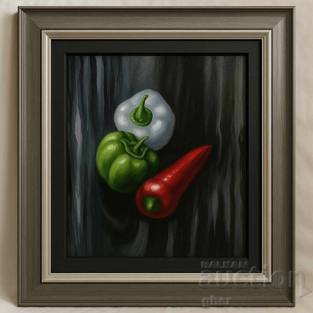 Auction "Trinity of Taste" - still life with peppers on a gray background Auction "Trinity of Taste" - still life with peppers on a gray background