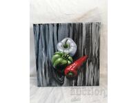 "Trinity of Taste" - still life with peppers on a gray background