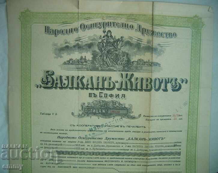 Ασφαλιστήριο Εθνικής Ασφαλιστικής Εταιρείας «Βαλκάν-Ζωή», 1943 με τιμή 16.00 BGN | € 8.18