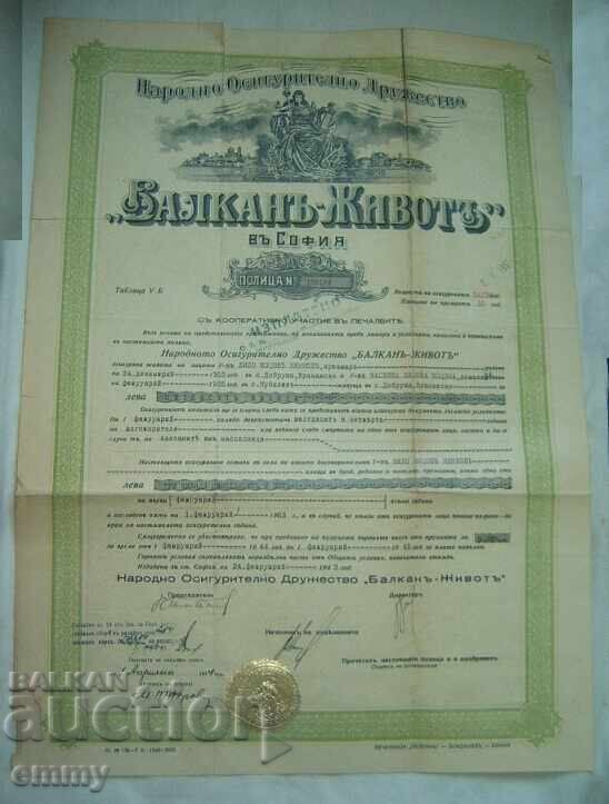 Ασφαλιστήριο Εθνικής Ασφαλιστικής Εταιρείας «Βαλκάν-Ζωή», 1943