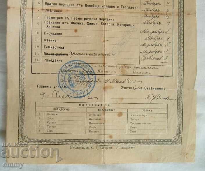 Δημοπρασία Πιστοποιητικό Δημοτικού Σχολείου Τατάρ Παζαρτζίκ, 1905
