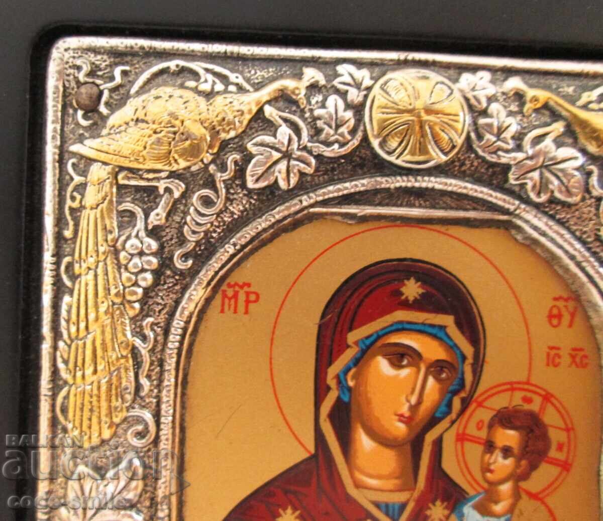 Παράδοση Μικρή εικόνα ασημένια επένδυση επιχρύσωση Αγία Θεοτόκος με τον Χριστό