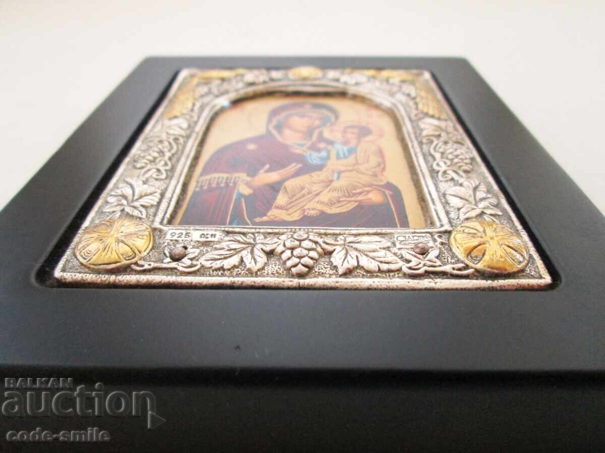 Μικρή εικόνα ασημένια επένδυση επιχρύσωση Αγία Θεοτόκος με τον Χριστό - 7