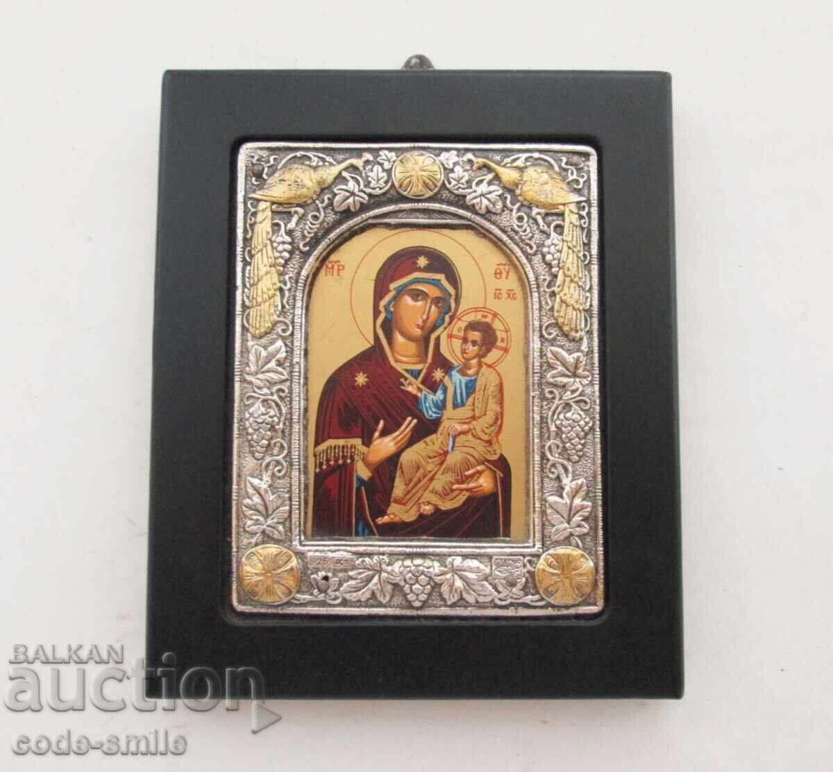 Μικρή εικόνα ασημένια επένδυση επιχρύσωση Αγία Θεοτόκος με τον Χριστό