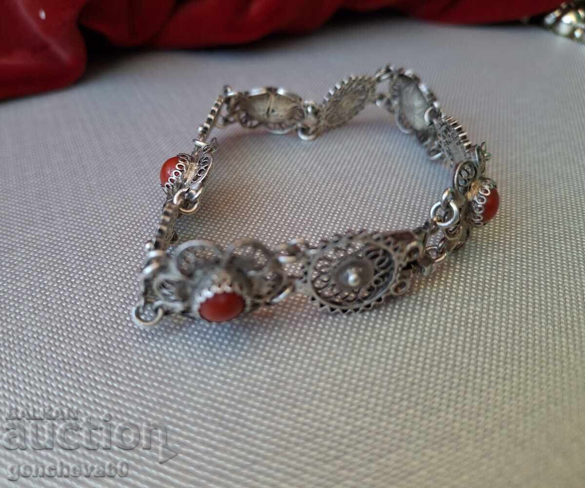 Auction  Stunning Antique Bracelet Silver 800, Filigree, Red Coral